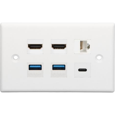 6-Port-Wanddose: 2x HDMI, 2x USB 3.0, 1x USB-C, 1x RJ45 Cat6 für Fernseher, Projektor, Computer