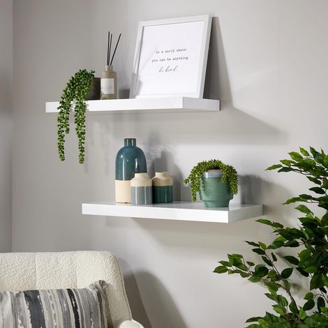 Pair Floating Wall Mounted Storage Shelf Wooden 60cm CD Bookshelves Gloss White (1/5)