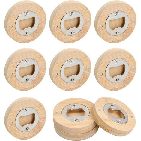 Lotto da 10 apribottiglie, apri-bottiglie e cavatappi rotondi in legno, spessi e infrangibili, in acciaio inox, con magnete (diametro 6,5 cm) (1/5)