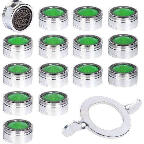 15pcs Mousseur Robinet, Acier Inoxydable Aérateur de robinet M24 avec filtre en ABS, Economiseur d'Eau Embout Brise Jet Robinet Cuisine et Salle de Bain Matériel+15 joints et 1 Clé Argent (1/4)