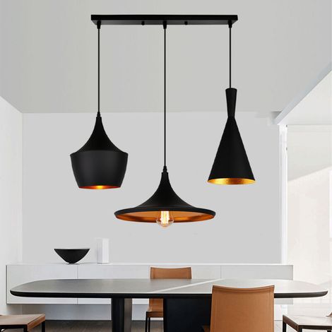 – Lustre suspension 3 lumières E27 – Abat-jour en métal noir – Longueur 50cm – Ajustable pour salon, salle à manger, chambre (1/5)