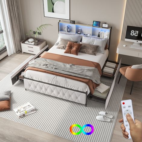 Lit double160 x 200 avec 4 tiroirs, lit 160x200 avec sommier, Cadre de Lit pour 2 Personne, avec port USB et LED, Beige, velours (1/5)