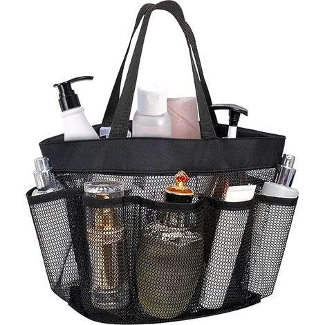 Sac de Douche Pliable Portable Avec Poignée, Sac de Plage Multifonction en Maille Avec 8 Compartiments pour le Camping le Rangement à la Maison pour Articles de Toilette Vêtements (Noir)