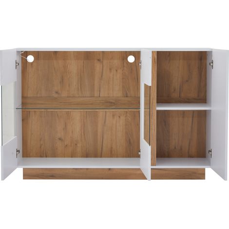 Credenza bianca lucida con vetro e LED, 3 ante, 138 x 38,5 x 90,5 cm, MODENUIT (1/5)