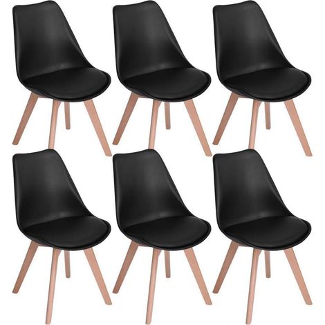 6er Set Esszimmerstühle mit Massivholzbeinen, Kunstlederpolsterung, Retro Design, Schwarz (1/5)