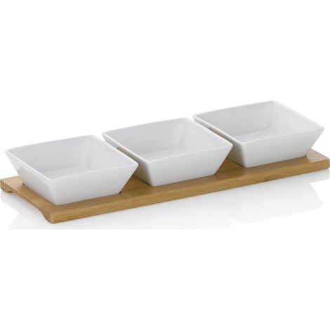 Kela 12261, Set tavoletta in bambù, 4 Pezzi, Ciotoline quadrate, Porcellana, Dim. totali 33 x 12 x 5, Philipa, Bianco, Porcelain, White, 33.5 x 12 x 5 cm (1/5)