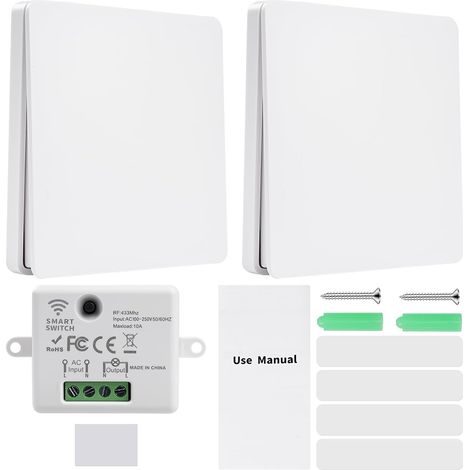 Interrupteur Sans Fil Sans Pile RF433 Interrupteur Sans Fil Émetteur Extra Fin 240V 10A Drahtloser Wandschalter mit Empfänger WHD05+WHZ03 1 Récepteur + 2 Panneaux de Commande (1/5)