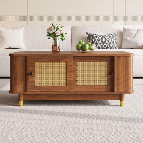 Couchtisch aus MDF in Walnussoptik 100 cm mit Rattan-Schiebetüren und Stauraum