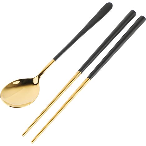 Paire de baguettes et cuillère en acier inoxydable réutilisable - Couverts de table dorés noirs