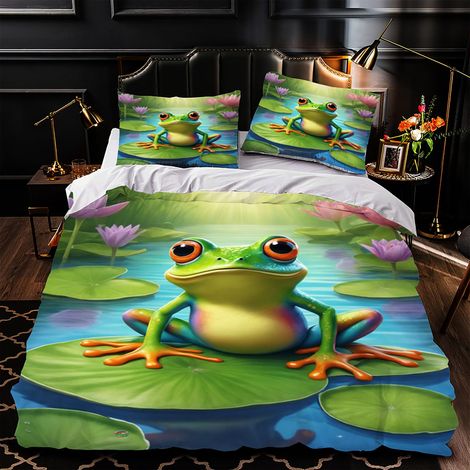 Parure de lit - 135 x 200 cm - Motif feuilles de nénuphars et grenouille - En microfibre - Housse de couette et 1 taie d'oreiller 80 x 80 cm - Avec fermeture éclair - Pour adolescent fille (1/5)