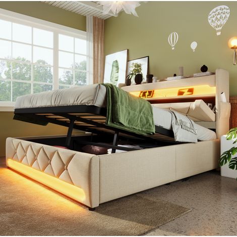 DESVIAE Lit double rembourré 140 x 190 cm avec tête de lit de rangement USB Type C LED 360 et coffre hydraulique beige (1/5)