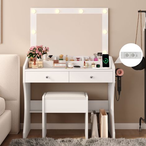 Coiffeuse avec Miroir LED et Tabouret, 8 Ampoules LED, Éclairage Réglable 3 Couleurs, Table de Maquillage avec Prise Intégrée, 2 Tiroirs et 3 Compartiments de Rangement, Blanc