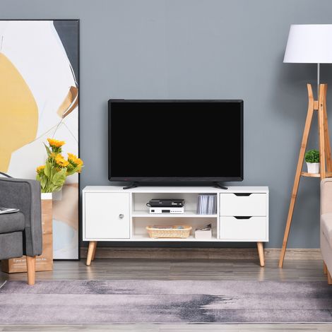 TV-Ständer für 50-Zoll-Fernseher, Wohnzimmertisch mit Tür, 2 offenen Regalfächern und 2 Schubladen, 120 x 28 x 44 cm, weiß