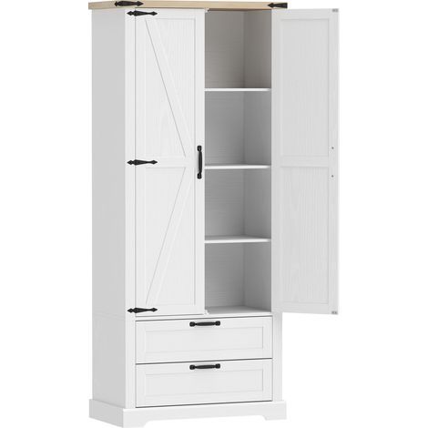 Buffet haut cuisine rustique blanc 76x40x180cm, armoire avec 2 portes, 2 tiroirs, étagères ajustables, meuble de rangement cuisine (1/5)