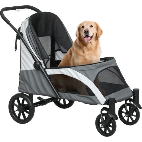 Hundewagen, Faltbarer Hundebuggy für große Hunde, Haustierwagen mit 4 Rädern, Sicherheitsleinen, Bremsen, Dunkelgrau