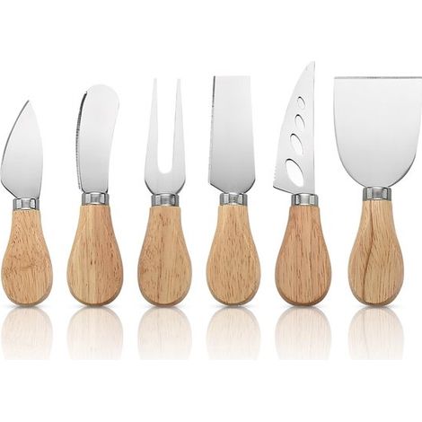 Lot de 6 couteaux à fromage en acier inoxydable avec manche en bois, set de coupe-fromage pour cuisine et service à table (1/5)
