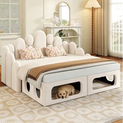 Bett Doppelbett platzsparend 180x200 Samt Beige OKMYHOME (1/5)
