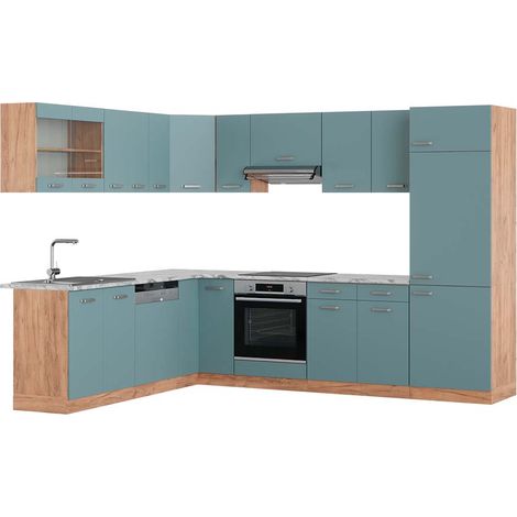 Cuisine en angle R-Line, Bleu-gris/chêne doré, 227 x 287 cm , PT Marbre, Vicco