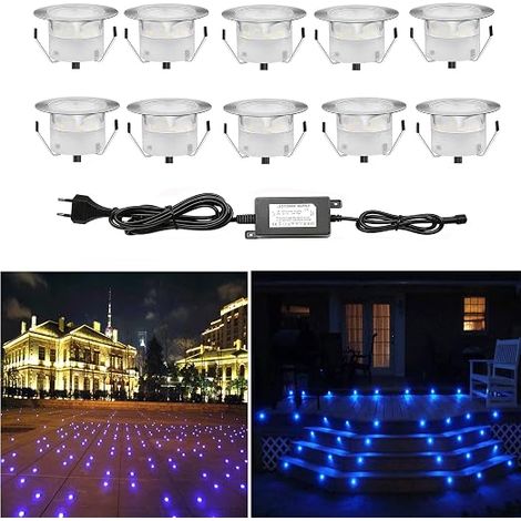 10 x Recessed LED Spotlights for Floor, Terrace, Wood, 45 mm, IP67 DC12 V 1 W with EU Power Supply for Garden, Staircase, Patio, Blue (1/5)