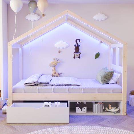 Lit Cabane Enfant 90×190 cm avec tiroirs et petit meuble à chaussures - éclairage LED - bois - Naturel (1/5)