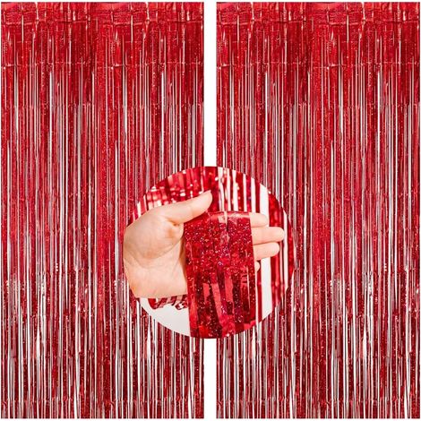 2 Pièces Rideau Métallique, Frange Brillante Rouge, Aluminium Réfléchissant, Décoration Fête Mariage