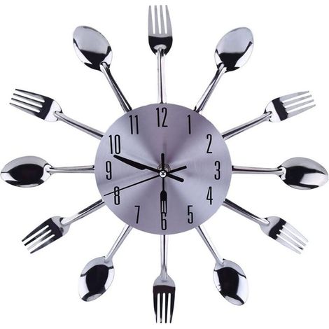 YMYNY Horloge Murale Cuisine Ustensile Cuillère Fourche Horloge Murale 3D MiroirSurface Argent Moderne Desgin Amovible Creative Couverts Chambre Décoration de Maison