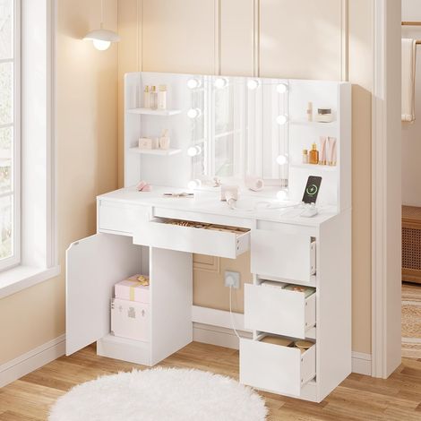 WOLTU Dressing Table with LED Lights, Makeup Desk with Drawer and Open shelves White