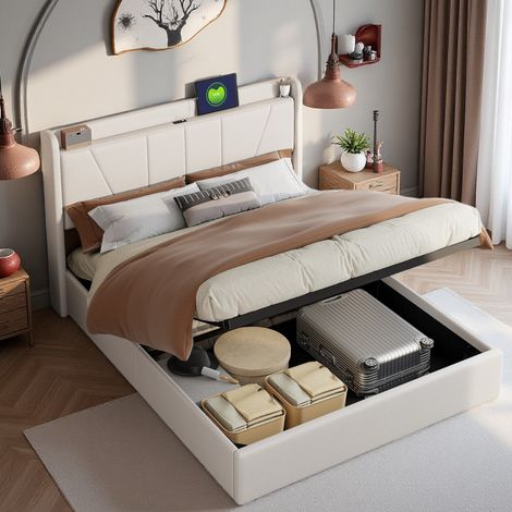 Letto matrimoniale con contenitore 140x200 cm - con interfaccia 2USB+1type-c - letto imbottito - con funzione di sollevamento idraulico - con spazio di stoccaggio - materiale lino - adatto per adulti