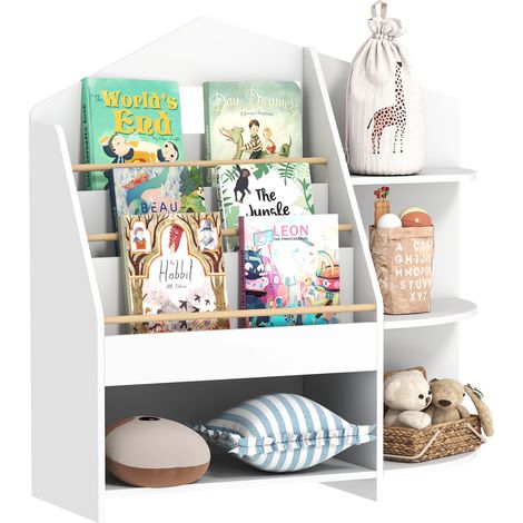 Libreria con 7 ripiani per libri e giocattoli, bordi arrotondati, portata massima 40 kg, colore bianco.
