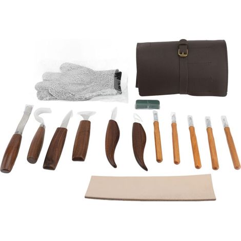 Kit de 15 outils de sculpture de précision avec manche en noyer, comprenant un grattoir à bois, un outil de sculpture sur bois, une pierre à polir et à affûter, ainsi qu'une pierre à sculpter