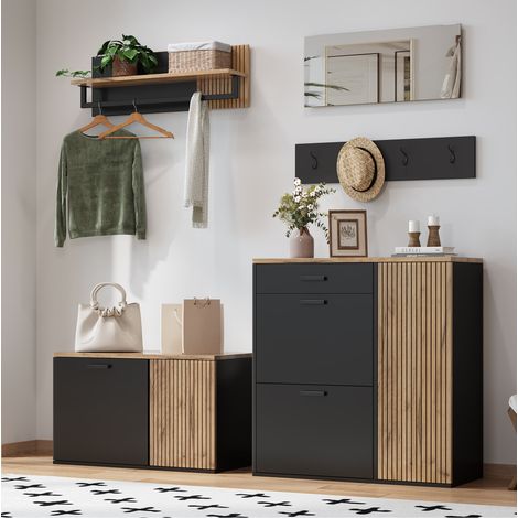 Mobile ingresso 5 in 1 con 2 armadi, specchio, appendiabiti e panca portascarpe nero legno DESVIAE (1/5)
