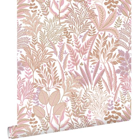 papier peint feuilles et fleurs tropicales rose et violet  - ESTAhome