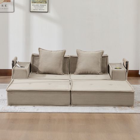 Sofá cama 2 plazas 162x78x66 cm caqui con almacenamiento lateral, tejido acanalado MEUBLIV (1/5)