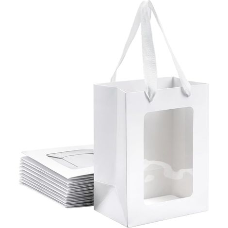 Sac Papier Kraft - 10 Pièces Sac en Papier Blanc avec Poignée Sacs Cadeaux avec Fenêtre - Pochette Cadeau Paper Bags 25x18x13 cm - Gift Bags Anniversaire Party