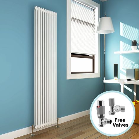 ELEGANT 1800 x 470 mm Traditional Radiator Cast Iron Style Radiator White Double Vertical Column Radiators + Chrome Thermostatic Radiator Valves (1/5)