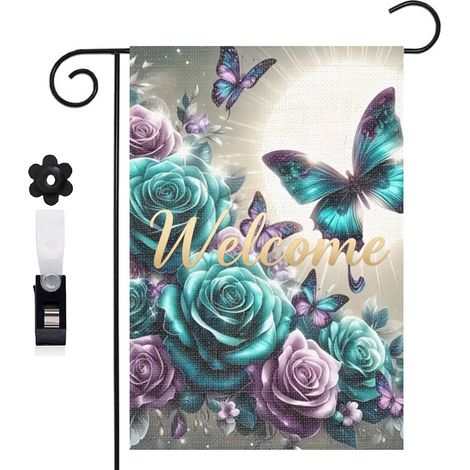 Bannière de cour papillons morpho et roses violettes 30 x 45 cm décoration maison de campagne (1/5)