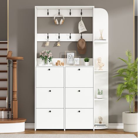Mueble zapatero de entrada 3 en 1, 120 x 24 x 200 cm, 8 ganchos, blanco HAVRYA (1/5)