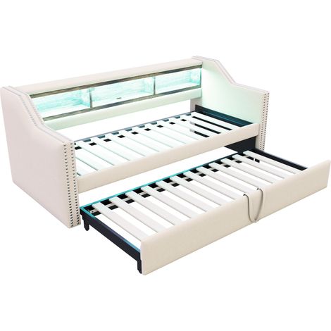 Sofá cama abatible 90/180 x 190 cm con almacenaje, LED y puerto USB, beige (1/5)