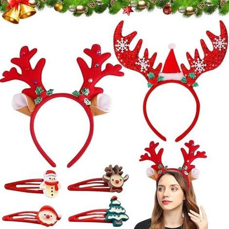 Lot de 2 bandeaux de Noël en forme de bois de renne - Paillettes - Rouge - Accessoire de cheveux pour adultes et enfants - Décoration de fête de Noël (1/5)