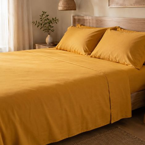 Ensemble Complet Lit Simple Sapatalo, en Polycoton, Lavable en Machine, Jaune Moutarde (1/5)
