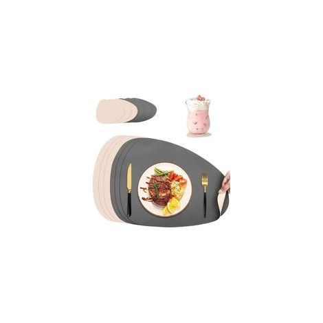 6er-Set Tischsets und Untersetzer aus Leder, doppelseitig, rutschfest, wasserfest, für Küche und Esszimmer, abwaschbar - Crezuo
