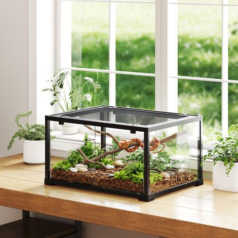 Terrarium pour hamster 86 l ventilation supérieure porte coulissante noir en verre pour reptile enclos 50.8x30.5x35.6cm design moderne