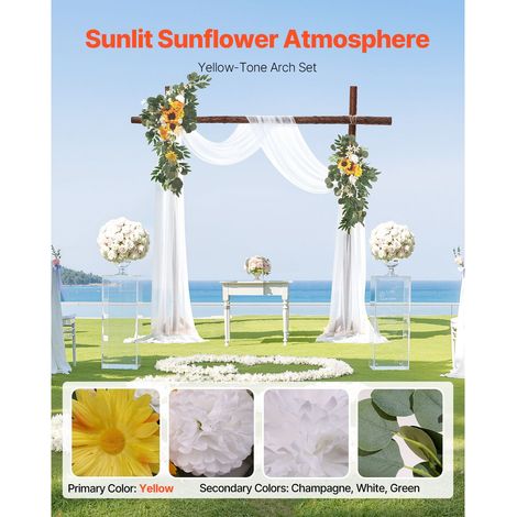 Kit déco arche mariage artificielle jaune avec guirlandes (lot de 3) - 2 bouquets fleurs soie, 1 voilage transparent, déco cérémonie bouquet réception fond (1/5)
