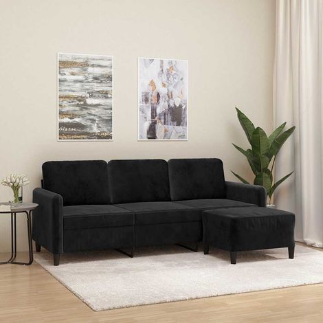 vidaXL Sofá de 3 plazas con taburete de terciopelo negro 180 cm (1/5)