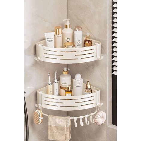(Lot de 2 blancs avec tringle - voir photo) Étagère d'angle de salle de bain sans perçage, étagère murale en aluminium avec crochets pour porte-serviettes (1/5)
