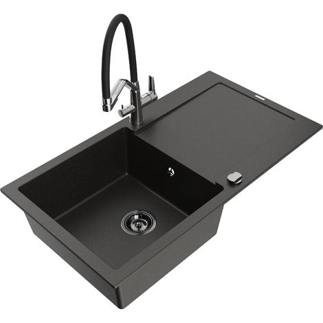 Mexen Leo lavello in granito a 1 vasca con gocciolatoio e rubinetto da cucina Duo, nero/oro metallizzato - 6501-75-671701-07-B (1/5)