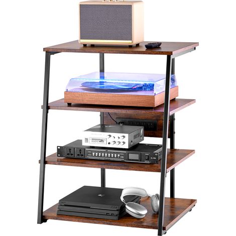 VEVOR Supporto Multimediale AV 4 Livelli con Prese Multiple, Supporto TV Angolare Luci LED, Ripiani in Legno Regolabili in Altezza, Supporto per Lettori DVD Decoder Via Cavo Console di Gioco, Marrone