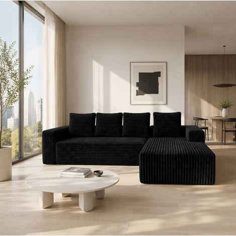Sofá modular en L, chaise reversible, sin montaje, asiento profundo, tapizado de pana negra (1/5)