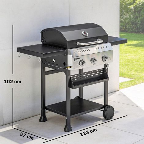 Barbecue à gaz 9 kW 3 brûleurs, chariot en acier inoxydable avec tablette latérale pliable, porte-épices, étagère inférieure et 6 crochets. (1/5)