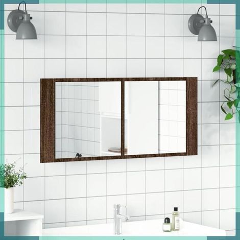 Armoire à miroir à LED de bain - 834961 - chêne marron - 100 x 12 x 45 cm - lumière RVB (1/5)